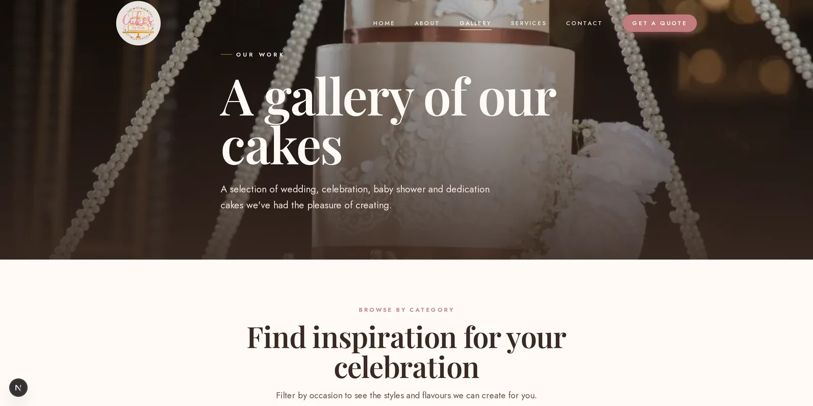 The CakesbyBIMS gallery page with filterable cake photography by occasion.