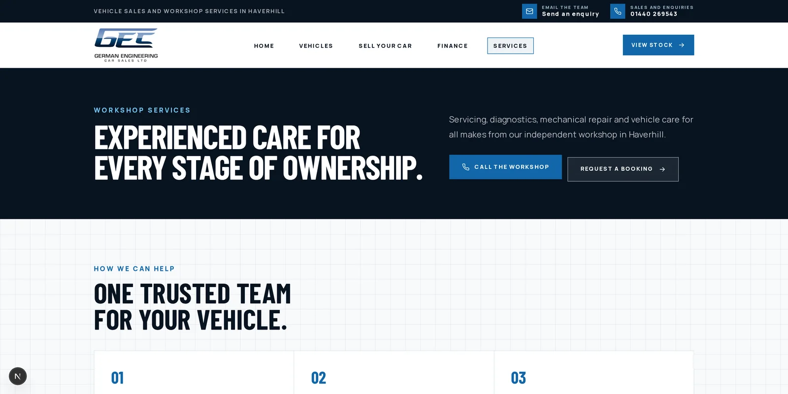 The German Engineering services page covering servicing, MOT, bodywork and aftercare.