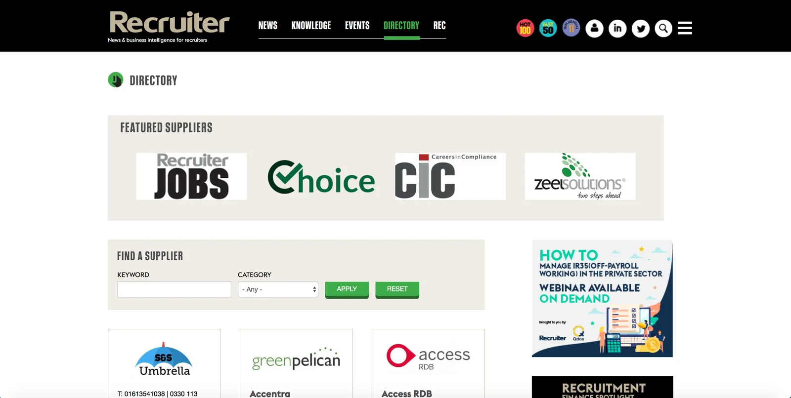 A Recruiter editorial article page with related content and publishing controls.