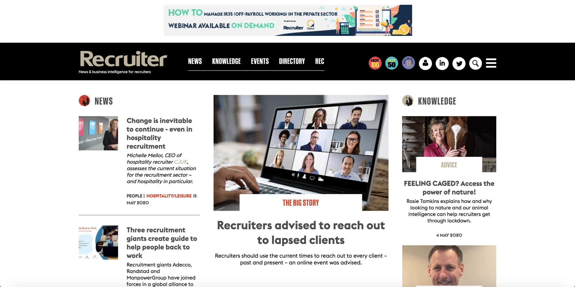 The redesigned Recruiter website homepage with editorial stories, navigation, and recruitment content.