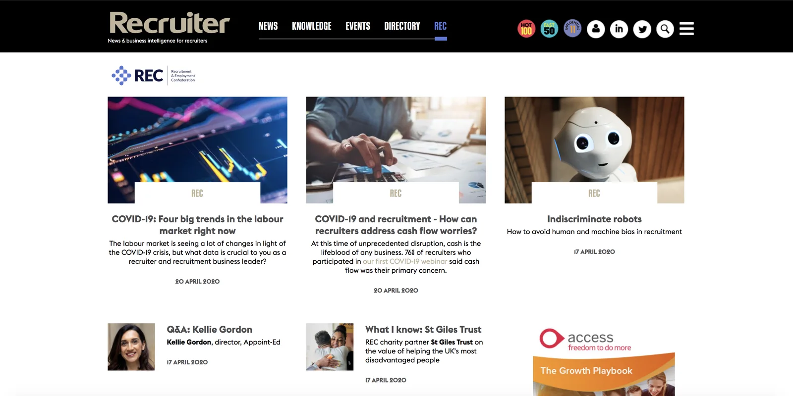 A Recruiter website listing page showing search, filtering, and editorial content.