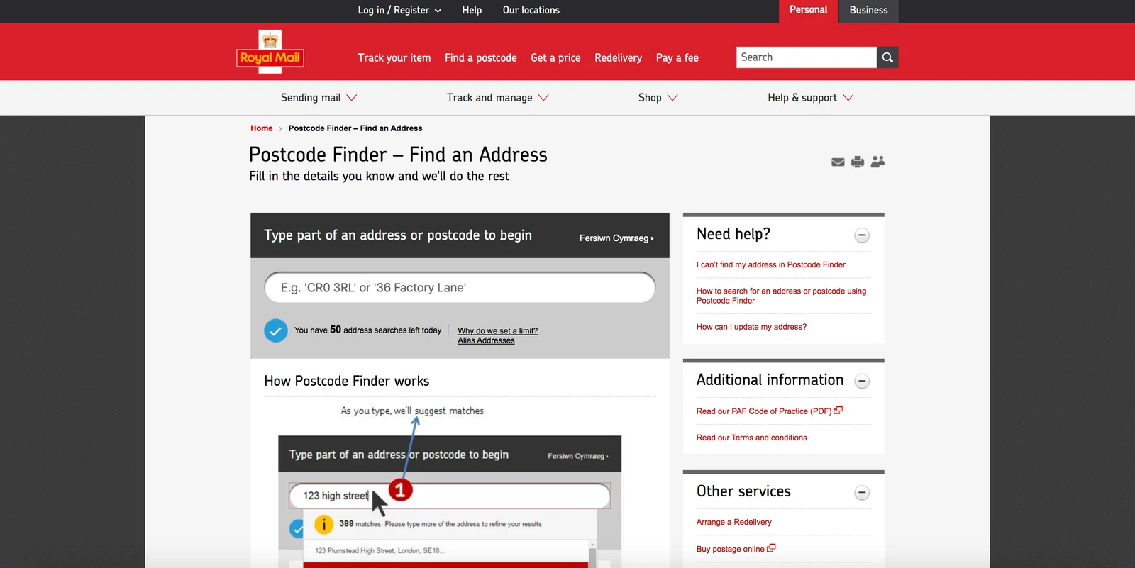 A Royal Mail service page showing modular navigation, content, and utility interface elements.