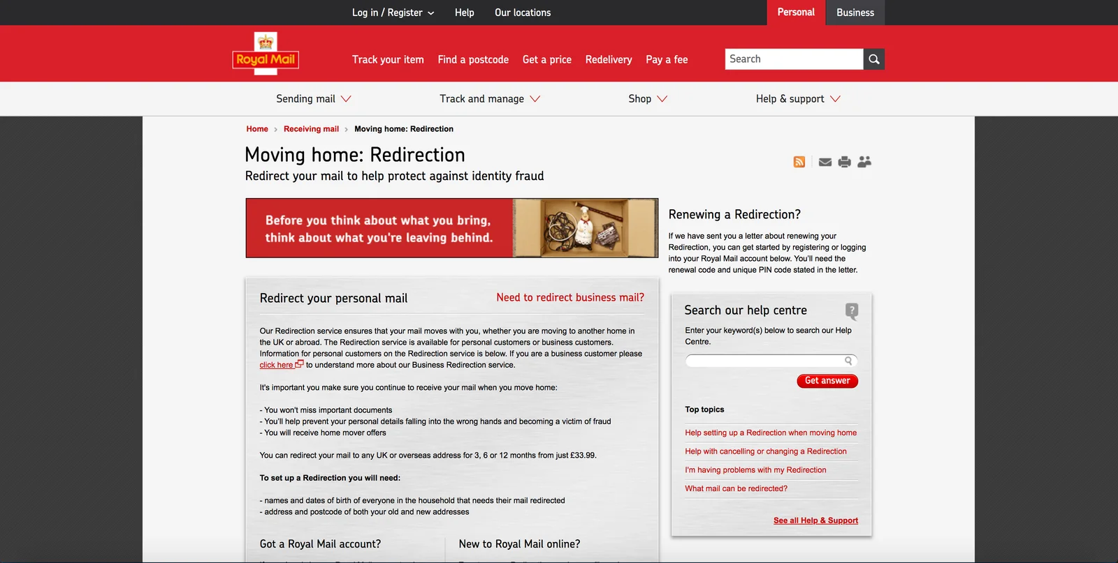 A Royal Mail redirection service page with account, navigation, search, and support interface components.